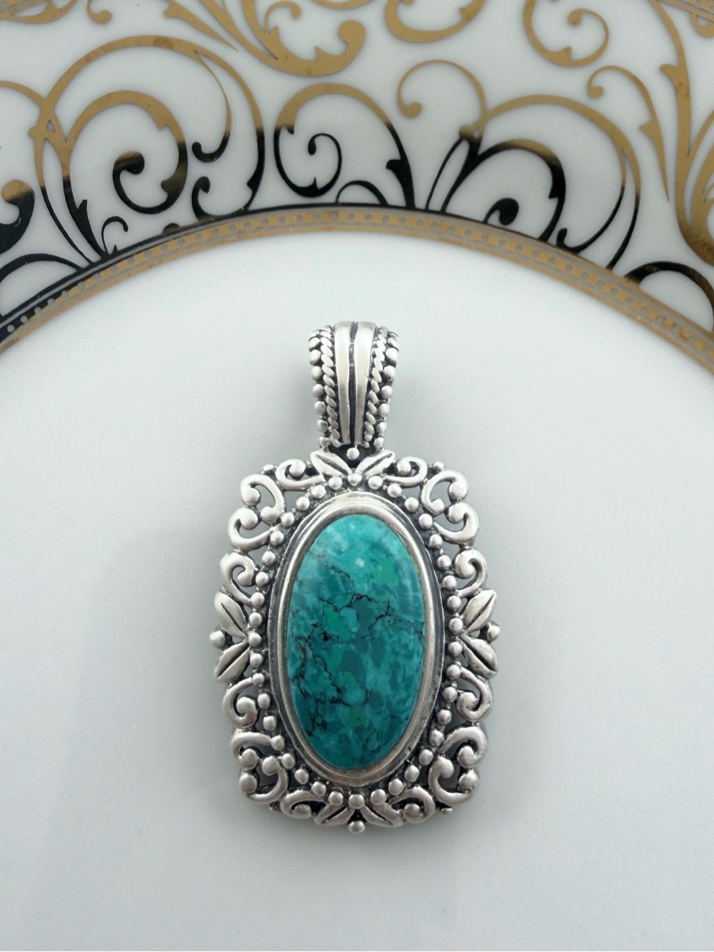 Vintage Sterling Silver Turquoise Oval Pendant - Teal Blue Stone